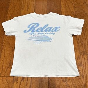 Carnival vintage White T-Shirt with Blue 'Relax' Graphic